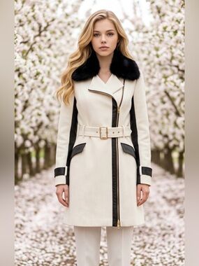 BeBe Off WhiteTrench Coat with Black Trim & Faux Fur Collar
